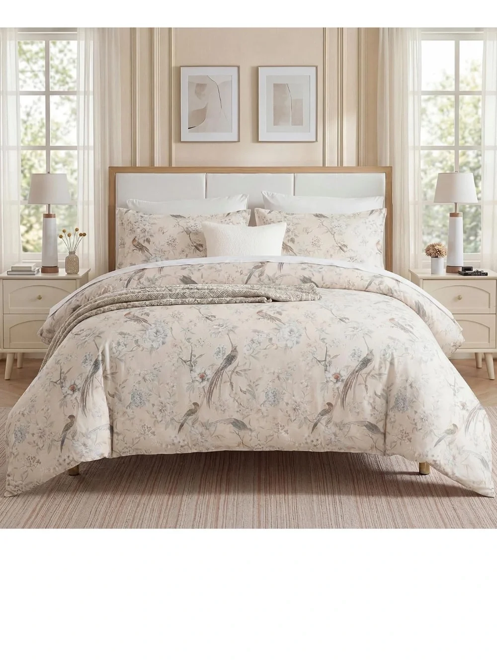 Bedding_Dreamer King Duvet Cover Set, 3-Piece 100% Cotton Twill Bird and Floral